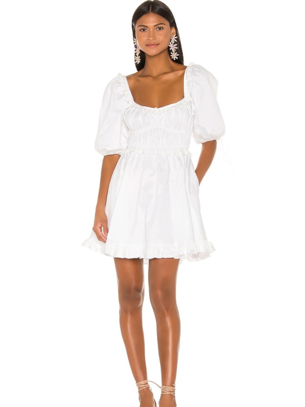 For Love & Lemons White Puff Sleeve Smocked Mini Dress
